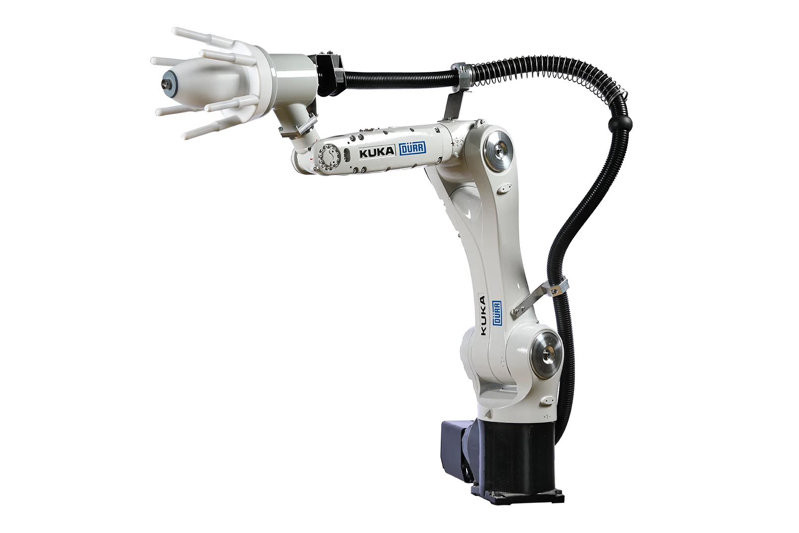 The painting robot system consists of a small six-axis Kuka robot equipped with Dürr paint application technology. This system is available in different configurations. Dürr´s ready2spray painting robot EcoRP 10 R1100